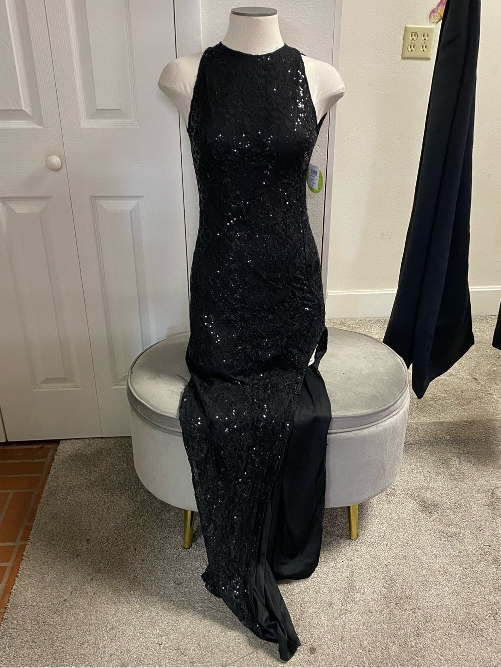 Windsor Black Sequin Lace Halter Prom Dress